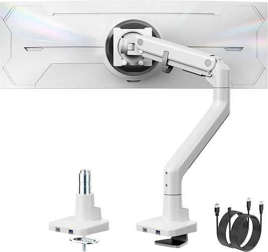 monTEK Single Monitor Arm with USB A/C, Ultrawide Monitor Stand for 17 to 57 Inch Curved Screen, Holds 59.4 lbs, Adjustable Gas Spring Arm, 75/100 VESA Mount, Clamp & Grommet Desk Mount, White-DeskLoop Office