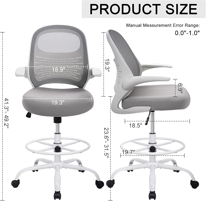 HYLONE Tall Drafting Chair Standing Desk Chair with Flip-Up Armrests, Adjustable Height Ergonomic Office Chair with Footrest Ring - High Stool Chair for Standing Desk (Light Grey)-DeskLoop Office