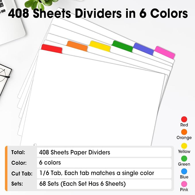 408 Pcs Binder Dividers with Multicolor Tabs, 1/6 Cut Tabs, Dividers - Image 6