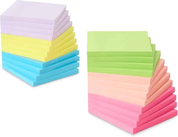 Amazon Basics Square Sticky Plus Notes, Self-Stick Pads, Pack of 24, 3 x 3 inches, Assorted Colors-DeskLoop Office