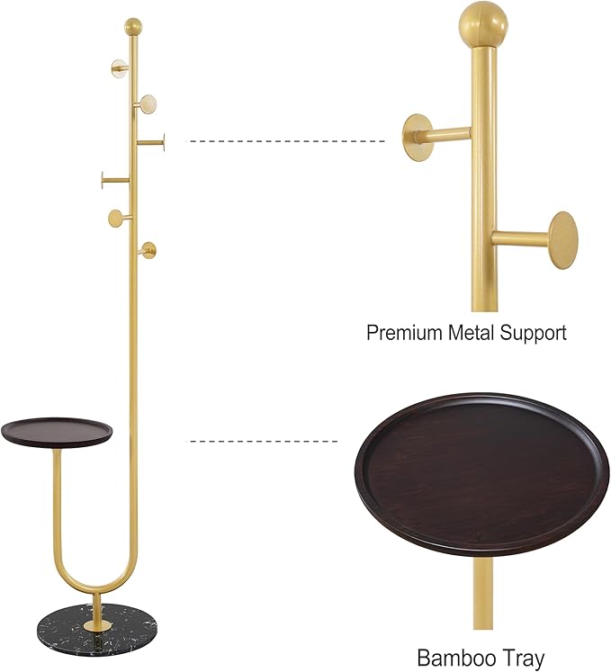 Coat Rack Stand, Metal Coat Tree with Bamboo Tray & 6 Hooks, Heavy Duty Marble Base Corner Coat Stand for Bedroom Hallway Entryway Living Room Office 13.78 x 13.78 x 68.11 Inches (Gold)-DeskLoop Office