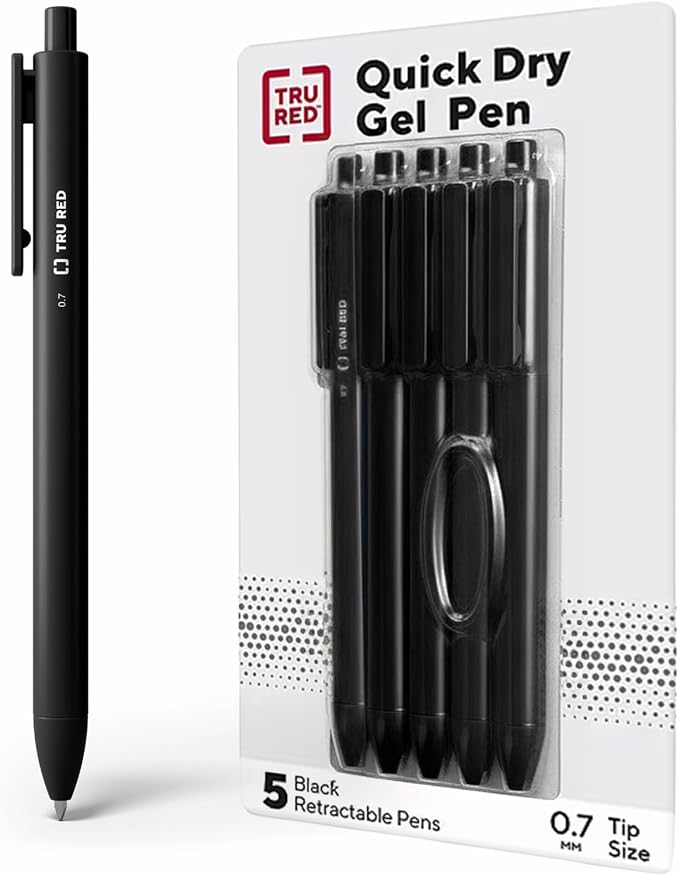 TRU RED Retractable Gel Pens, Medium Point 0.7mm, 5 Pack – Quick‑Dry Pens by TRURED
