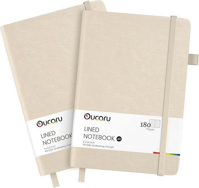 Oucaru Lined Journal Notebook, 2 Pack, 180 Pages, A5 Journals by Oucaru