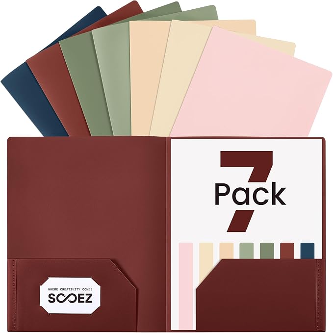 Sooez 7 Pack Folders with Pockets, 2 Pocket Folders with Extra Labels, Plastic by Sooez
