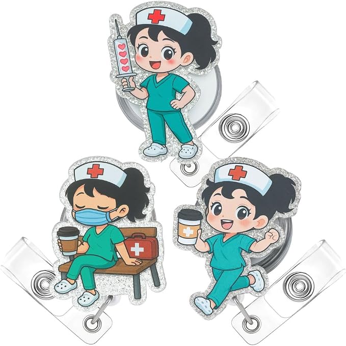 3PC Cartoon Nurse Badge Reel Cute Fun Funny ID Name Holder Alligator Clip by YJPREMIUMS