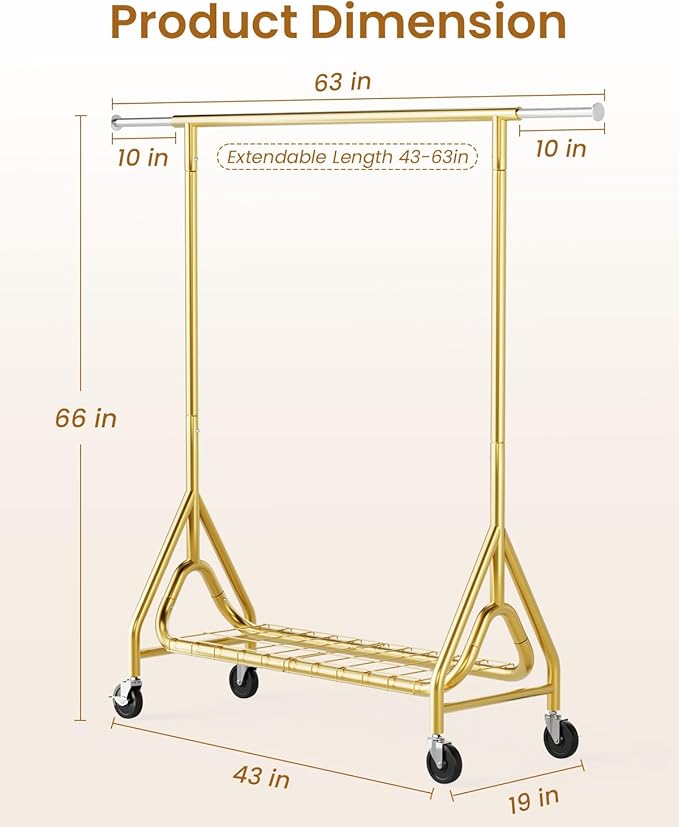 Heavy Duty Clothes Rack, Metal Clothing Rack Load 450 LBS, Rolling Coat Racks for Hanging Clothes with Lockable Wheels, Wardrobe Closet Garment Racks for Bedroom, Gold-DeskLoop Office