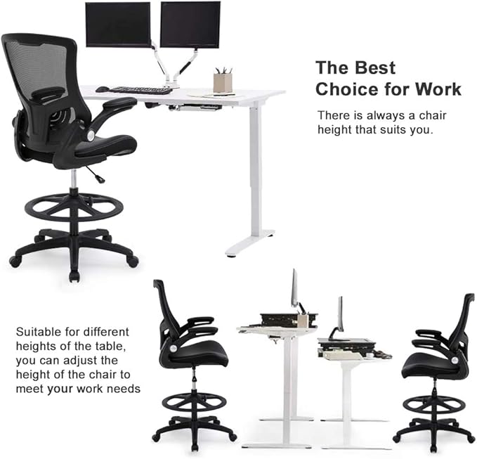 Drafting Chair Ergonomic Tall Office Chair Standing Desk Chair with Flip Up Arms Foot Rest Back Support Adjustable Height Mesh Drafting Stool, Black-DeskLoop Office