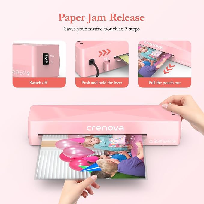Crenova A4 Laminator Machine 4 in 1 Personal Desktop Hot & Cold with 10 Laminating Pouches No Bubbles 9 Inch Thermal Laminator for Home Office School Business Use Pink-DeskLoop Office