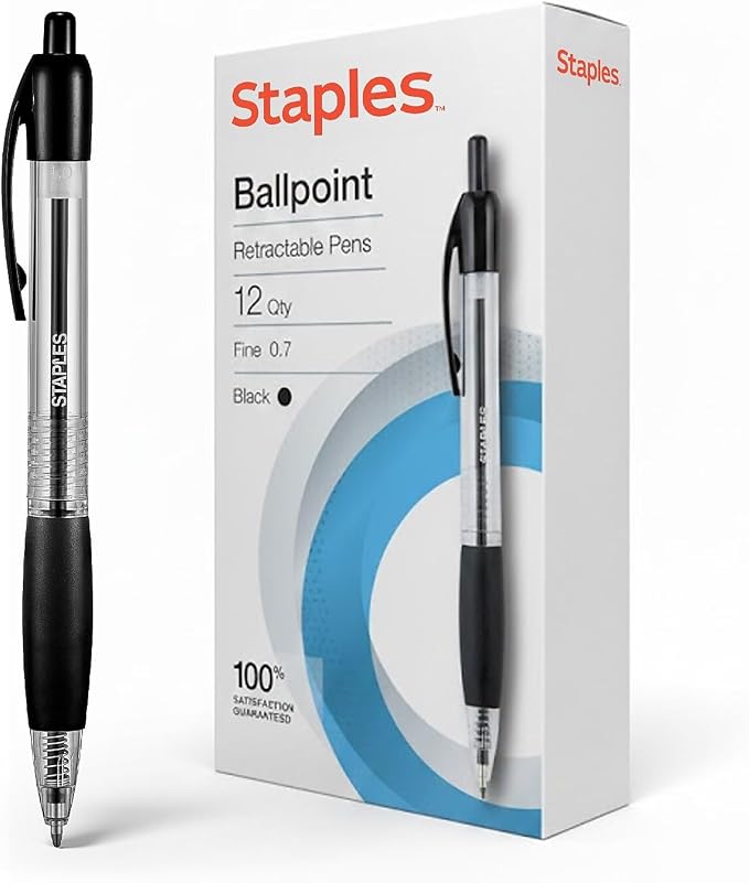 STAPLES Retractable Ballpoint Pens, Medium Point 1.0mm, 12 Pack – Comfortable by Staples