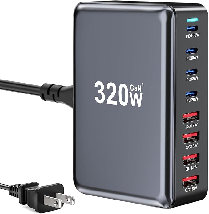320W USB C Fast Charger Block, 8 Port USB Charging Station, GaN Ⅲ Pro 100W PD PPS Port Fast Charging Station Hub, Laptop Wall Charger Compatible with MacBook/iPhone 16/iPad/Galaxy S23/22 etc-DeskLoop Office