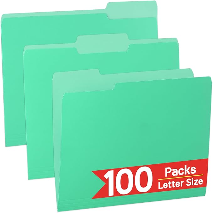 100 Packs Paper File Folder, Light Green File Folders Letter Size, 1/3-Cut Tabs by OfficeSuppliesDirect