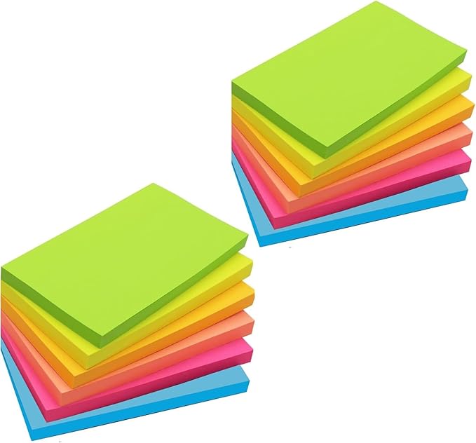 3 in x 5 in Large Sticky Notes, 76 x 127 mm 6 Pads Assorted Self-Stick Pads for Notebook,Office,School and Home,80 Sheets/Pad (12 Pads Brillant)-DeskLoop Office