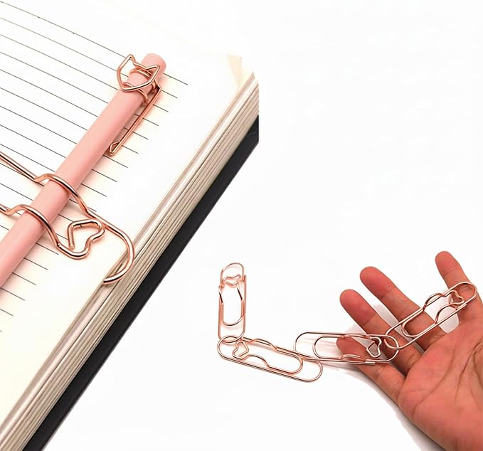 12-Pack Pen Holder Clips for Notebook, Cute Heart Paper Clips, Rose Gold Office - Image 3