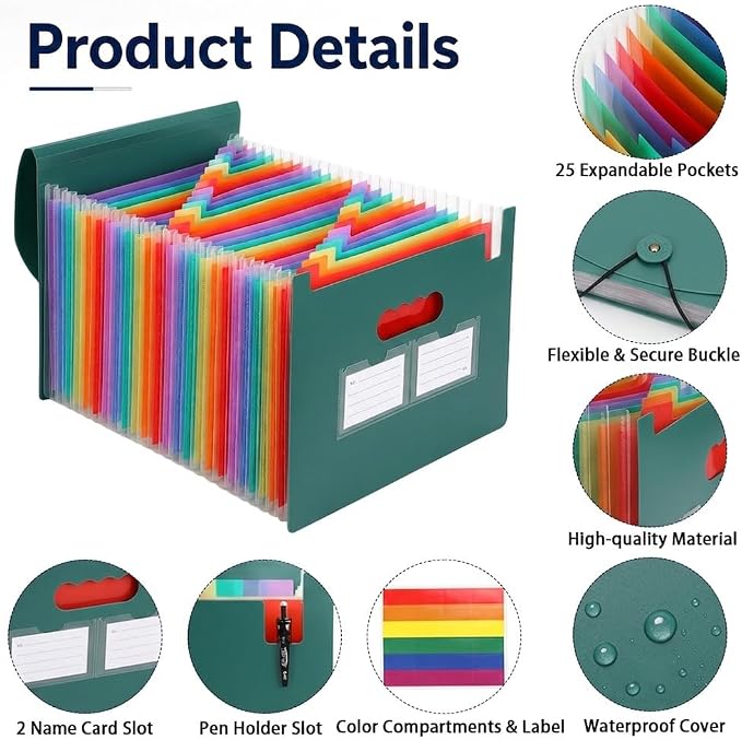 25 Pockets Accordion File Organizer, Portable Expanding File Folder - Image 2