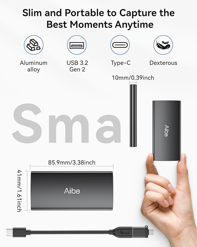 Aiibe 1TB External SSD USB C Portable SSD USB 3.2 Gen 2, Up to 1050MB/s, External Solid State Drive 1TB External Hard Drive for iPhone 16/15, Laptop, Mac and PS5 (Black)