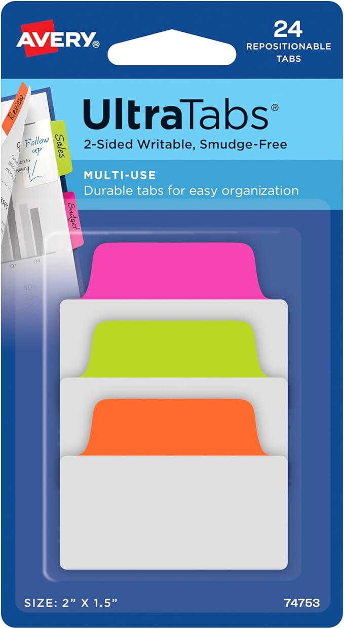 Avery Multiuse Ultra Tabs, 2-Side Writable, Neon Pink/Green/Orange, 24 by Avery