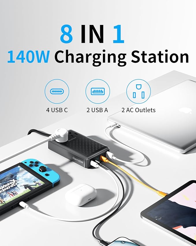 Charging Station 140W USB C Charger Block, Upgraded GaN III 8-in-1 Fast Charging Station Hub，PD 100W Laptop Charger Adapter Compatible with Compatible with MacBook Air/Pro,iPhone16/15,Galaxy S24 etc-DeskLoop Office