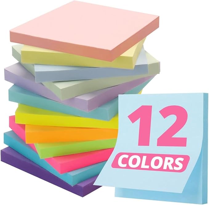 Sticky Notes, 12 Pads, 3x3 inches, Soft Pastel Self-Stick Note Pads, and Daily by Taja