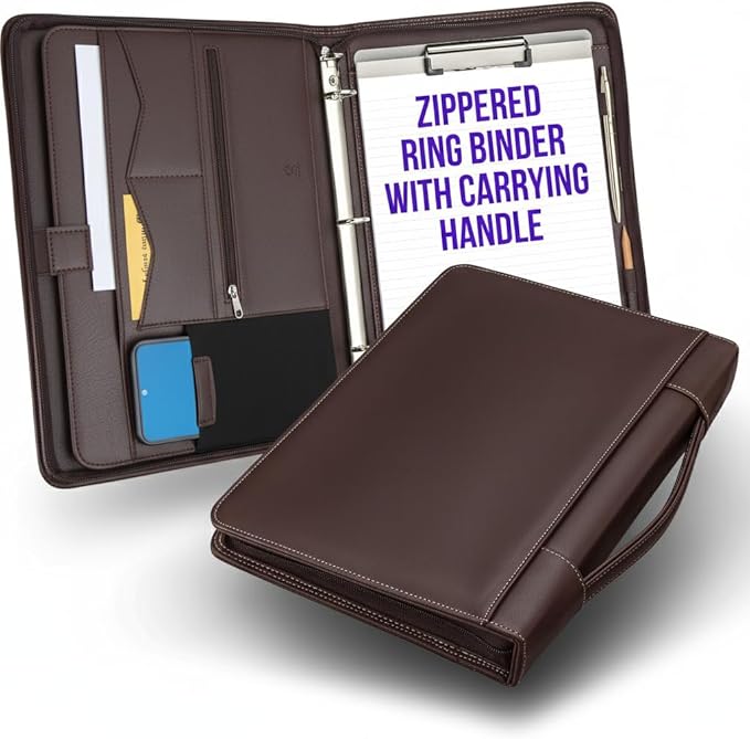 STYLIO Walnut Zipper Portfolio Binder w/Carrying Handle | Removable 3-Ring by Stylio