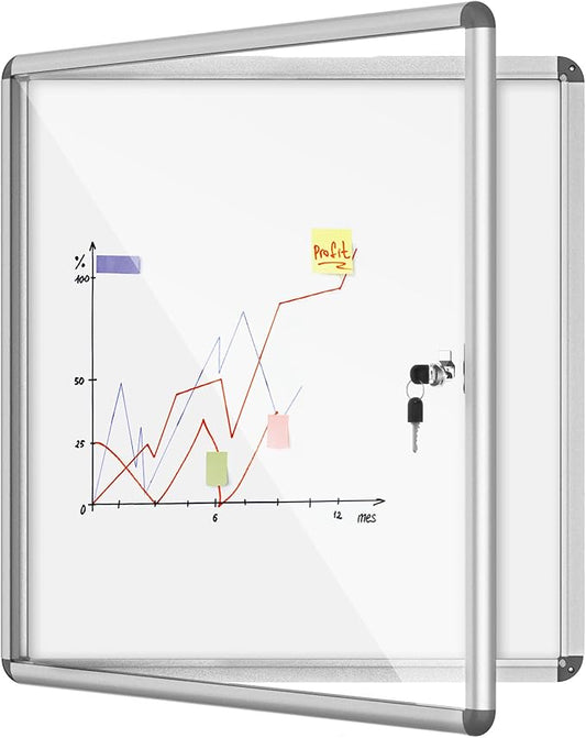 28"x26" Enclosed Bulletin Board, Lockable Weather-Resistant Aluminum Noticeboard for School & Office, Silver Frame w/Magentic Whiteboard-DeskLoop Office