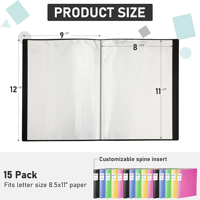 15 Pcs Binder with Plastic Sleeves 30 Pockets 60 Pages Presentation Book 11 x - Image 2