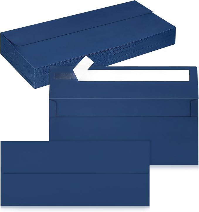 50 Pack #10 Business Envelopes, Self Seal Standard Navy Blue Envelopes by QIKSION