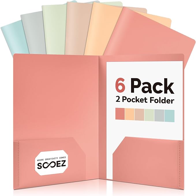 Sooez 6Pack Folders with Pockets, Pastels Colors, Heavy Duty Pocket Folder by Sooez