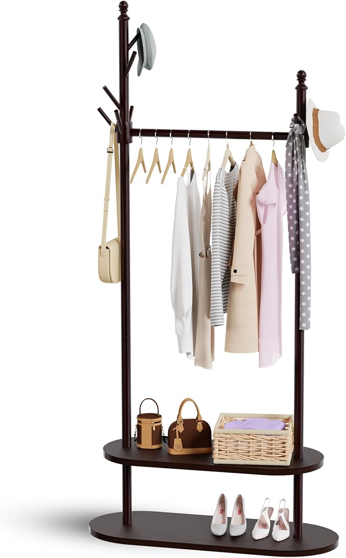2-Tier Coat Rack Freestanding, Easy Assemble 8 Hooks Wooden Coat Rack with Shoe Storage Sturdy Coat Tree Save Space, Rustic Coat Stand for Entryway, Bedroom, Office (Dark Brown)-DeskLoop Office
