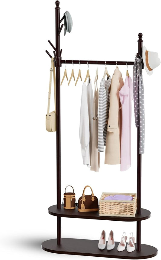 2-Tier Coat Rack Freestanding, Easy Assemble 8 Hooks Wooden Coat Rack with Shoe Storage Sturdy Coat Tree Save Space, Rustic Coat Stand for Entryway, Bedroom, Office (Dark Brown)-DeskLoop Office