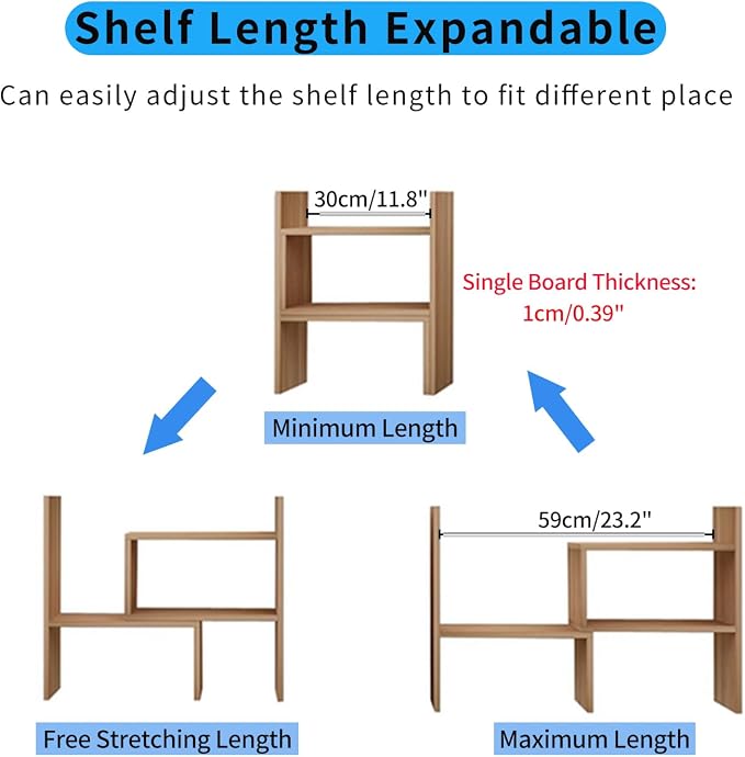 Desktop Shelf Organizer, Adjustable Wood Office Storage Rack, Counter Display - Image 3