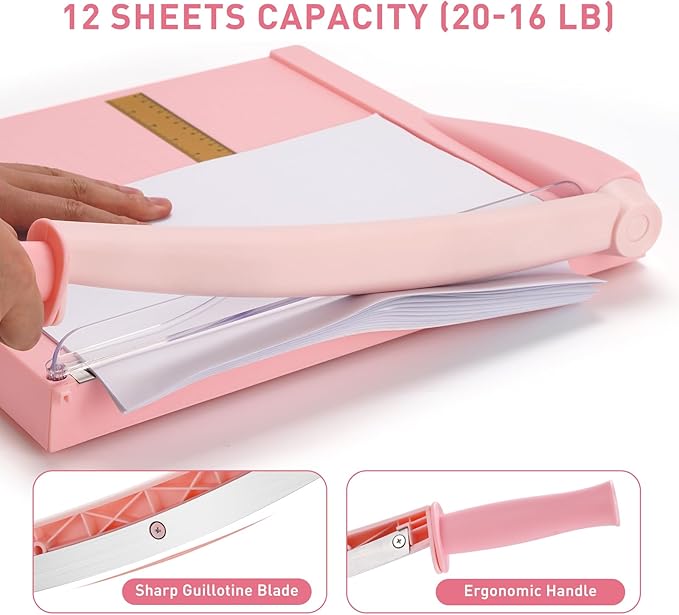 Paper Cutter, Paper Trimmer with Safety Guard, 12" Cut Length Paper Slicer with 16 Sheet Capacity Paper Cutting Board,Guillotine Paper Cutters and Trimmers for Cardstock Cardboard Vinyl (Pink)-DeskLoop Office