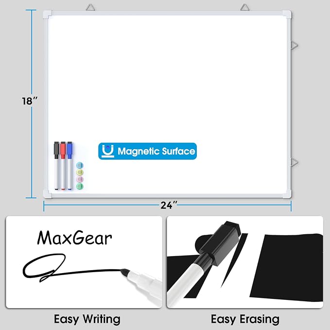 MaxGear White Board for Wall, Includes 3 Dry Erase Markers 4 magnets Double - Image 2