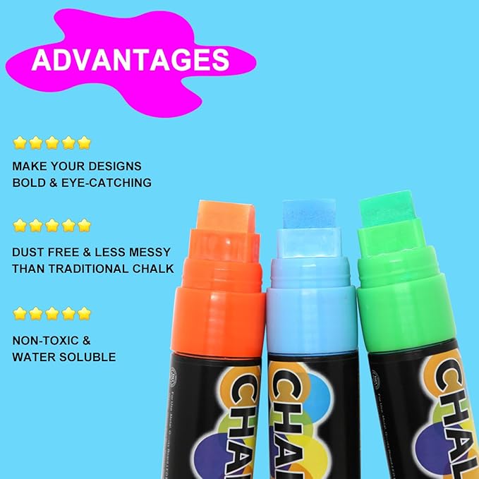 12 Colors Washable Window Markers for Cars, 15mm Jumbo Liquid Chalk Markers, 3 in 1 Nib, Metallic & Neon Paint Glass Pen for Auto, Chalkboard, Blackboard, Bistro, Menus and Any Non-Porous Surface-DeskLoop Office