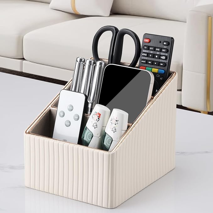 KINGFOM Remote Control Holder with 3 Compartments, Pu Leather Remote Caddy Desktop Organizer for TV, CD, Blu-Ray, Media Player, Heater Controllers and Cosmetics Office Supplies Light Beige-DeskLoop Office