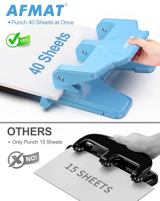 AFMAT 3 Hole Punch Heavy Duty, 40-Sheet Three Hole Punch, 50% Reduced Effort - Image 2