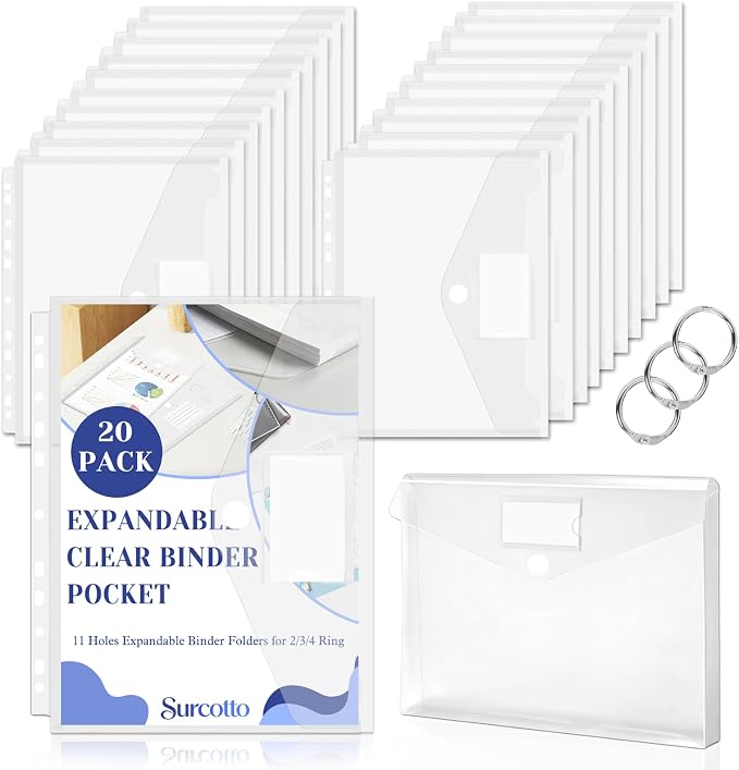 20 Pack Clear Expandable Binder Pockets by Surcotto