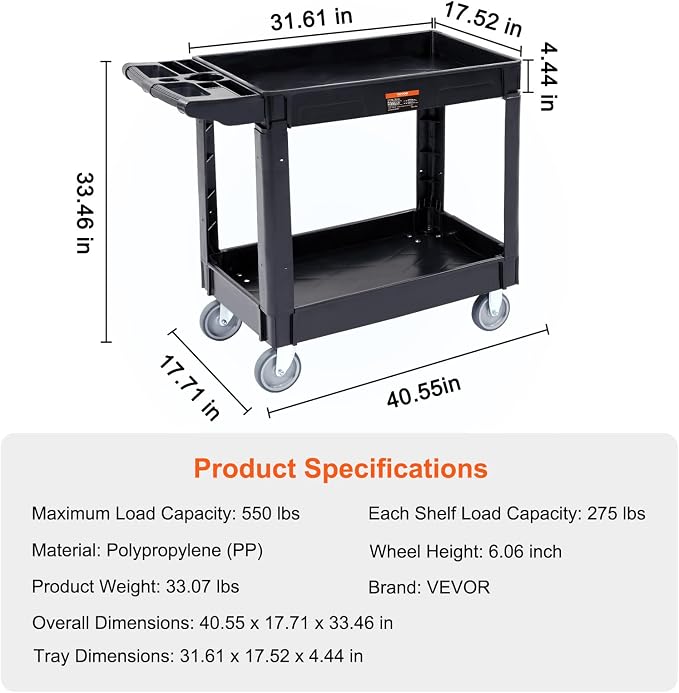 VEVOR Utility Service Cart, 2 Shelf 550LBS Heavy Duty Plastic Rolling Utility - Image 7