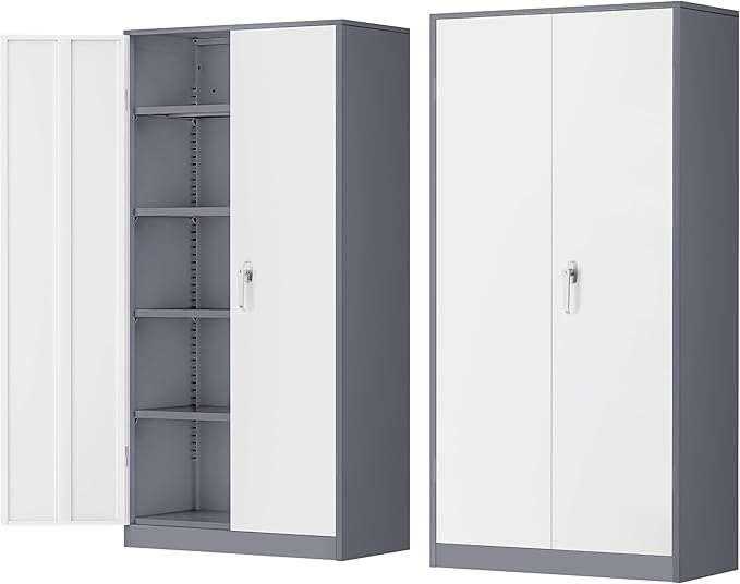 INTERGREAT Garage Storage Cabinets with Doors and Shelves,72" Grey White Steel Tool Locking Cabinet, Metal Storage Cabinet for Home Office, Warehouse, School-DeskLoop Office