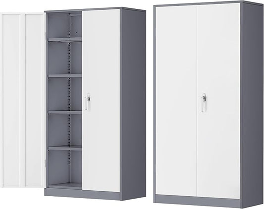 INTERGREAT Garage Storage Cabinets with Doors and Shelves,72" Grey White Steel Tool Locking Cabinet, Metal Storage Cabinet for Home Office, Warehouse, School-DeskLoop Office