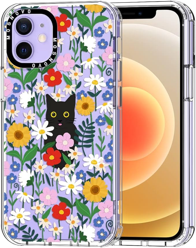 MOSNOVO Case for iPhone 12 & iPhone 12 Pro, [Buffertech 6.6ft Military-Grade Drop Protection] [Anti Peel Off Tech] Clear TPU Bumper Phone Case Cover Design - Black Cat in Garden-DeskLoop Office