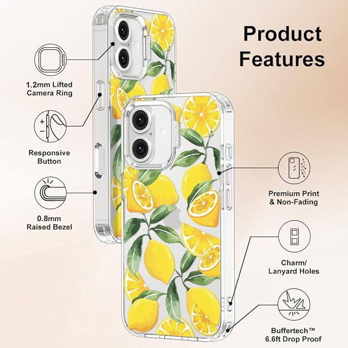 MOSNOVO Case for iPhone 16 Plus, [Buffertech 6.6ft Military-Grade Drop Protection] [Anti Peel Off Tech] Clear TPU Bumper Phone Case Cover Design - Lemon-DeskLoop Office