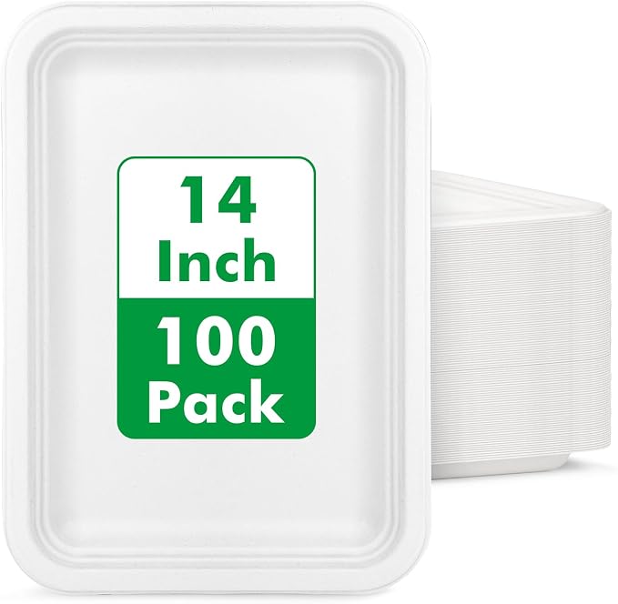 100 Pack 14 Inch Disposable Food Trays, Heavy Duty Large Paper Plates by Uniecocus