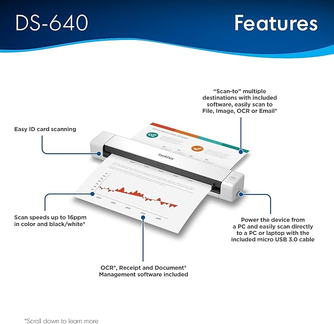 Brother DS-640 Compact Mobile Document Scanner, 1.5"x2"x11.9" - Image 3