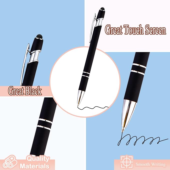 PASISIBICK 8 Pack Black Ballpoint Pens 2-in-1 Stylus Retractable Metal Stylus - Image 4