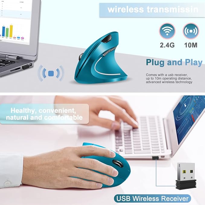 Vassink Ergonomic Wireless Mouse, Rechargeable Mouse 2.4Hz Vertical Wireless Optical Mice with USB Receiver, 6 Buttons for PC,Laptop,etc Blue-DeskLoop Office