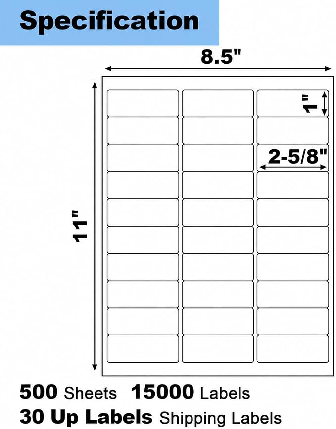 500 Sheets 15000 Pcs 30 Up 1" x2-5/8 Shipping Address Barcode Labels - Image 2