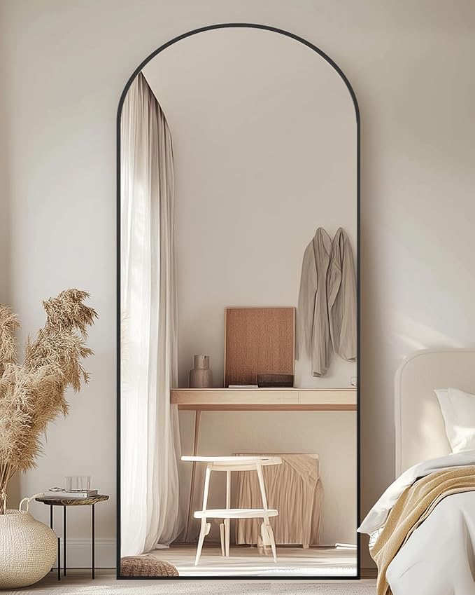 Full-Length Floor Mirror with Stand, 58"x18" Arched Style Full Body Standing Mirror for Bedroom, Living Room, Gym, Dorm - Shatter-Resistant & Easy Assembly, Black-DeskLoop Office