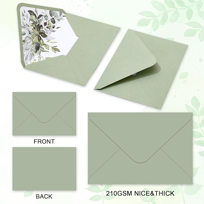 Whaline 50Pcs Greenery Envelopes 5 x 7 Inch Watercolor Sage Green Eucalyptus - Image 3