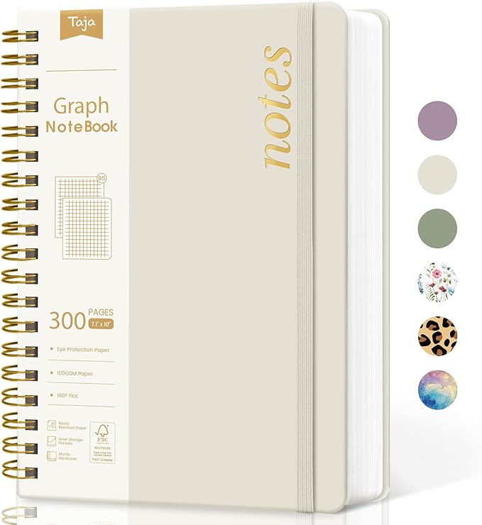 Spiral Graph Paper Notebook Journal for Work, 300 Pages, Thick B5 (7.1"x10") Grid Journals for Women & Writing, Hardcover Notebook for Note Taking, Perfect for Work School Note Taking Business, Grey Beige-DeskLoop Office