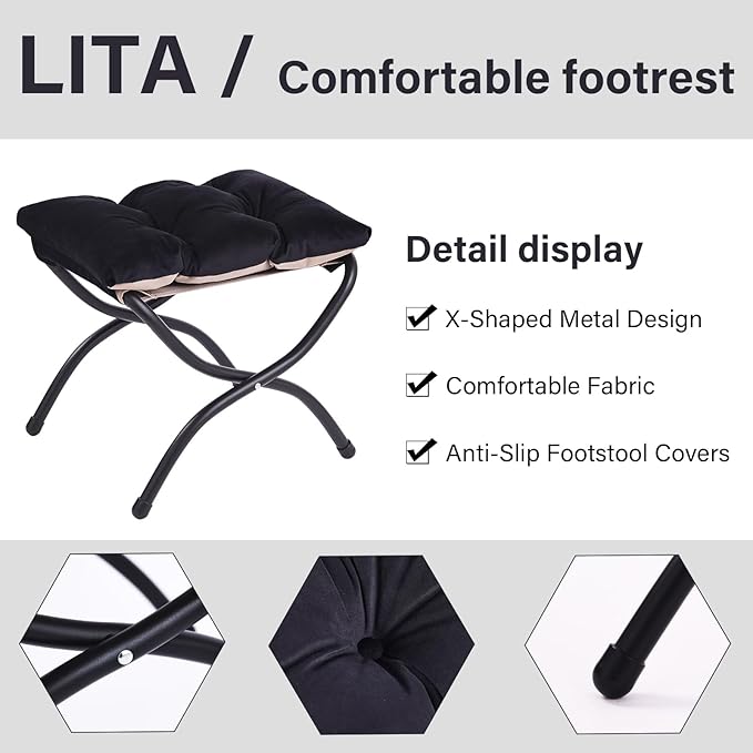 LITA Folding Upholstered Footrest Stool, Modern Small Portable Accent Ottoman with Detachable Thick Cotton Cushion Padded Sofa Stool with Metal Frame for Lazy Chair, Living Room & Bedroom, Black-DeskLoop Office